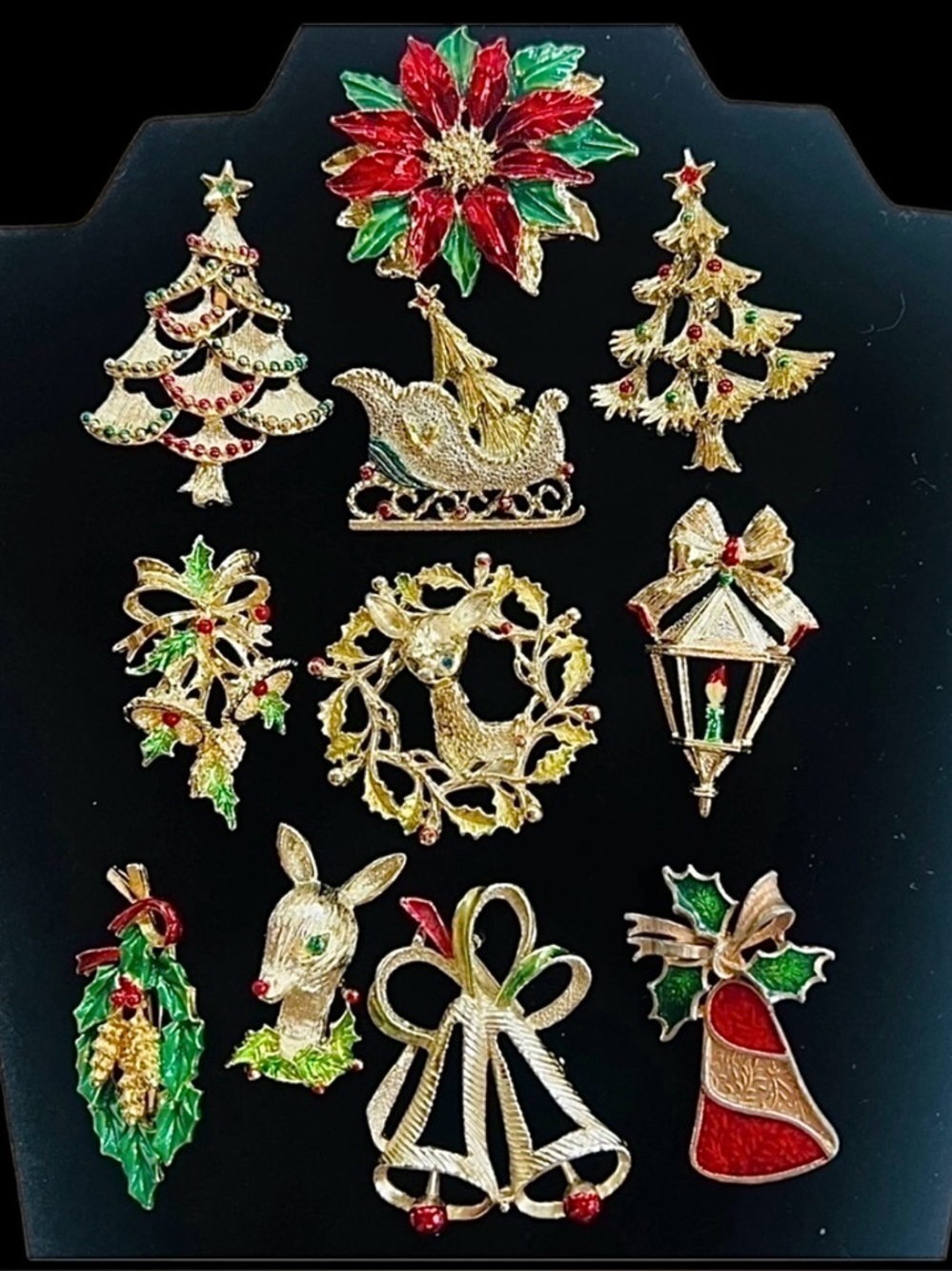 Christmas Brooches Signed Gerry’s Rhinestones Enamel Vintage EUC